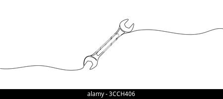 Icona della chiave inglese continua su una linea di disegno, traccia modificabile. Illustrazione Vettoriale