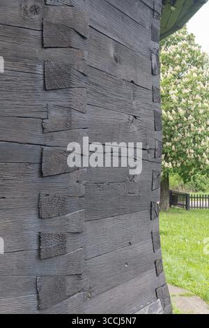 Vista ravvicinata di una parete in legno invecchiato che mostra le giunzioni tradizionali a coda di rondine e la struttura resistente agli agenti atmosferici, perfetta per trasmettere fascino rustico e artigianato, Foto Stock
