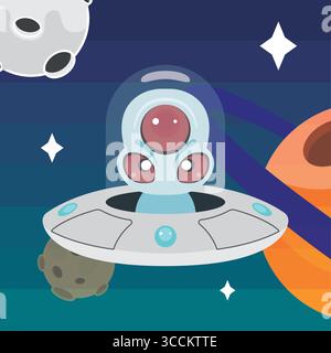 Alieno con tre occhi in UFO. Vettore Illustrazione Vettoriale