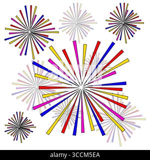 Forme astratte di fuochi d'artificio. Vettore burst celebrazione. Icona esplosiva colorata. Illustrazione dei fuochi d'artificio festivi. Illustrazione Vettoriale