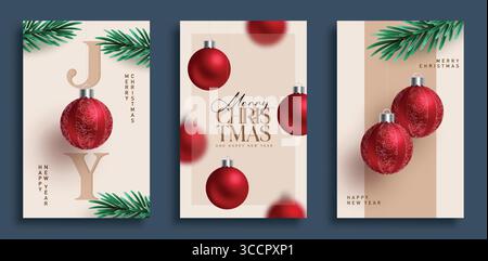 Set di poster clipart per auguri di buon Natale. Augurando buon Natale, felice anno nuovo e gioia saluto clip art di testo con palle da bauble rosse appese Illustrazione Vettoriale