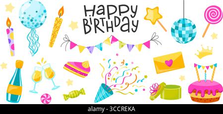Una vivace collezione di elementi di compleanno, palloncini, candele, una torta, coriandoli, regali e decorazioni natalizie, perfetti per i party. Illustrazione Vettoriale