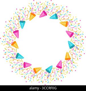 corona con cappelli colorati da festa con rastrelliere e coriandoli vorticosi, per feste di compleanno o feste. Illustrazione Vettoriale