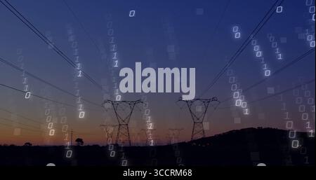 Si estende su torri ad alta tensione e linee elettriche che si estendono su colline al crepuscolo, con cifre binarie sovrapposte Foto Stock