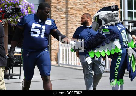 30 luglio 2023: La mascotte dei seahawks Blitz saluta il centro dei Seattle Seahawks Olu Oluwatimi (51) durante il training camp dei Seattle Seahawks a Renton, Washington. Steve Faber/CSM (immagine di credito: © Steve Faber/CSM via ZUMA Press Wire) Foto Stock