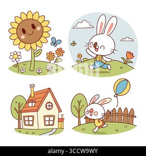 Affascinanti illustrazioni di fumetti di Bunny, Sunflower, Flowers e a cute House Illustrazione Vettoriale