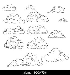 Soffici nuvole di forme diverse, schizzi in bianco e nero. Illustrazione vettoriale. Il concetto di fenomeni naturali, nuvole, tempo, isolato su un bianco Illustrazione Vettoriale