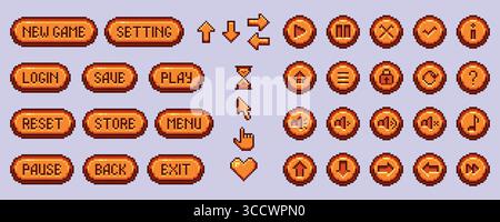Interfaccia pulsante di gioco pixel impostata con opzioni di menu - nuovo gioco, impostazioni, funzioni di salvataggio e gioco con icone rotonde. Elementi di navigazione retro a 8 bit con frecce, cursore e cuore per applicazioni arcade Illustrazione Vettoriale
