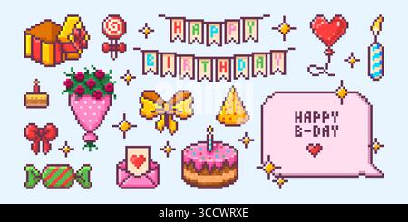 Elementi per festeggiare il compleanno in pixel con banner colorato, confezione regalo, bouquet di rose, torta e biglietto d'auguri rosa. Oggetti rétro da festa a 8 bit con caramelle, fiocco e scintillanti per design di giochi digitali o inviti Illustrazione Vettoriale