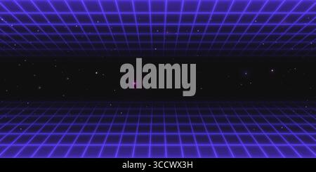 Sfondo di gioco al neon con griglia retrò che si estende nel cielo stellato per un'estetica cyberpunk. Pavimento e soffitto a reticolo viola - prospettiva tunnel con stelle luminose. Spazio digitale per videogiochi Illustrazione Vettoriale
