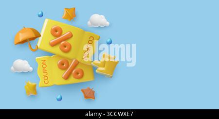 design di base per la vendita di buoni sconto 3d con elementi meteo autunnali Illustrazione Vettoriale