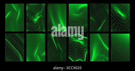 Sfondo a griglia Y2K con motivi a reticolo verde neon per un design retrò futuristico e arte digitale. Trame mesh brillanti con linee prospettiche curve. Estetica cyberpunk per poster o web. Illustrazione Vettoriale