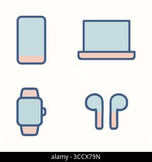 Icone tecnologiche associate di uno smartphone sottile e di un laptop aperto con bordi morbidi e ombreggiature chiare. Illustrazione Vettoriale