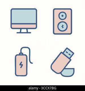 Semplici icone tecnologiche con un monitor desktop e un altoparlante alto a due driver disegnato con contorni puliti. Illustrazione Vettoriale