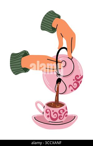 La mano femminile tiene una teiera carina. Tè versato nella tazza. Cerimonia del tè illustrazione vettoriale in stile piatto isolata su sfondo bianco Illustrazione Vettoriale