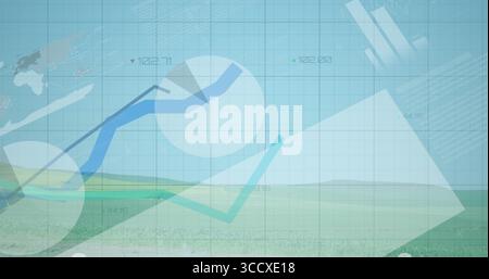 Visualizzazione di grafici finanziari semitrasparenti sovrapposti al campo verde rurale, con grafici a linee colorate Foto Stock