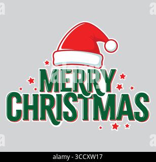 Una vivace grafica natalizia con la frase "BUON NATALE" in grassetto verde delineato in rosso. Sopra il testo si trova un classico cappello rosso di Babbo Natale wi Illustrazione Vettoriale