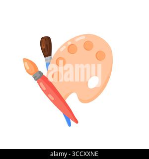 Semplice illustrazione vettoriale disegnata a mano di una tavolozza classica di artisti ricoperta da macchie di vernice colorate e una serie di pennelli. Questo iconico grafico retrattile Illustrazione Vettoriale