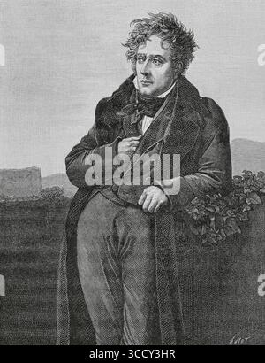 Francesco Renato, vicomte de Chateaubriand (1768-1848). Scrittore e diplomatico francese. Chateaubriand è raffigurato in una posa malinconica con le rovine dell'antica Roma alle sue spalle durante una visita alla città nel 1804. Incisione di Huyot dopo un ritratto di Anne Louis Girodet de Roucy-Trioson nel 1809. Directoire, Consolato et Empire. Moeurs et usages, lettres, Sciences et Arts Francia, 1795-1815” (Direttorio, Consolato e Impero di Francia. Costumi e tradizioni, lettere, scienze e arti Francia, 1795-1815), di Paul Lacroix. Pubblicato a Parigi, 1884. Foto Stock