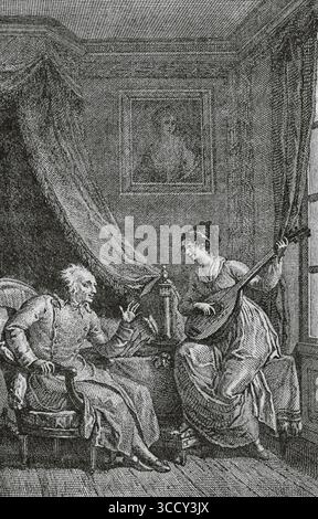 "La Pitié", poema in quattro canti del poeta francese Jacques Delille (1738-1813) scritto nel 1803. Delille critica gli eccessi della rivoluzione francese ed esprime compassione per i coloni, affrontando la schiavitù nelle colonie. Donna che gioca al mandolino per un vecchio. Disegno di Monsiau. Incisione di Anselin. Directoire, Consolato et Empire. Moeurs et usages, lettres, Sciences et Arts Francia, 1795-1815” (Direttorio, Consolato e Impero di Francia. Costumi e tradizioni, lettere, scienze e arti Francia, 1795-1815), di Paul Lacroix. Pubblicato a Parigi, 1884. Foto Stock