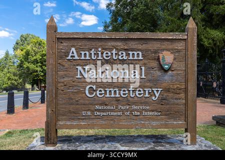 Foto del cartello d'ingresso all'Antietam National Battlefield Cemetery Sharpsburg Maryland USA Foto Stock