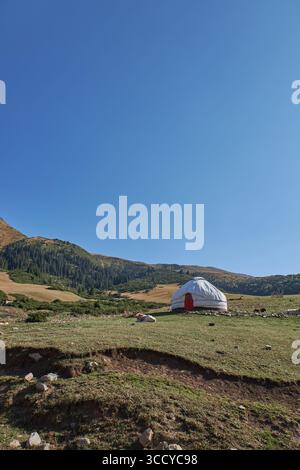 Casa di pastori in un luogo pittoresco. Paesaggio montano, colline con erba gialla e verde. Pascolo locale per pascolo libero. Cielo blu chiaro. Calv Foto Stock