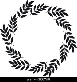 Semplice ghirlanda rotonda vuota con fogliame nero. Cornice circolare botanica generica. La silhouette di ramoscelli a foglia crea un bordo per testo e grafica vettoriale Illustrazione Vettoriale