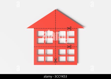 Casa di carta rossa con forbici stampate in nero e linee tratteggiate che formano le linee di taglio su sfondo bianco. HMO (casa con occupazione multipla) Foto Stock