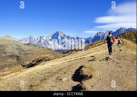 FRANCIA, ALTA SAVOIA (74), PAESE DEL MONTE BIANCO, ESCURSIONE DALL'AIGUILLETTE DES HOUCHES PASSANDO PER ALPAGE DE CHAILLOUX, AIGUILLE VERTE E DRU VIEW DAL Foto Stock