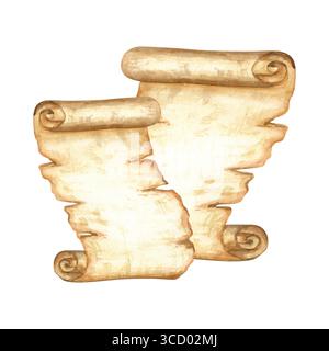 Due rotoli di papiro. Vecchi fogli di carta egiziani, rotoli. Illustrazione acquerello isolata dallo sfondo. Modello vuoto disegnato a mano. Scritto Foto Stock