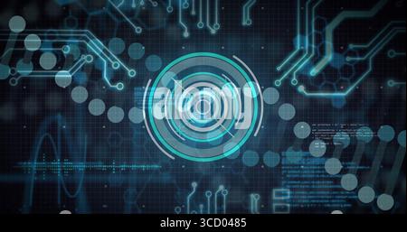 Visualizzazione dell'interfaccia HUD circolare centrale illuminata sul display digitale, con nodi flottanti Foto Stock