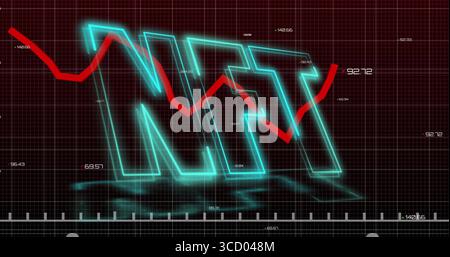 Visualizzazione di lettere NFT luminose sulla griglia del cruscotto, con grafici delle linee di trend rossi ed etichette numeriche Foto Stock