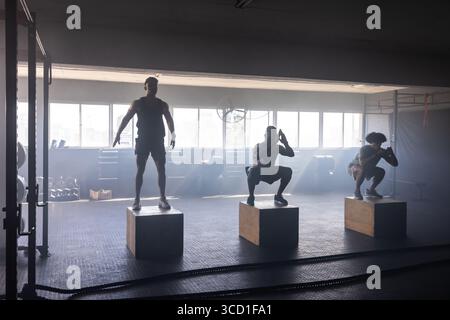 Diversi partner di allenamento maschile che eseguono salti di squat su scatole plyometriche in legno nella sala fitness Foto Stock