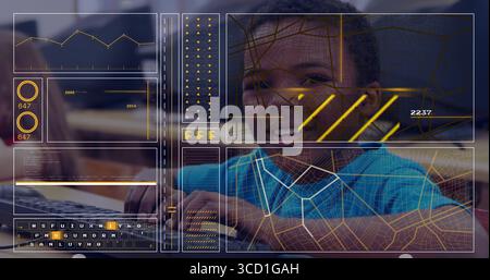 Ragazzo afroamericano con cappuccio blu che lavora sulla tastiera del laptop in classe, con sovrapposizione grafica Foto Stock