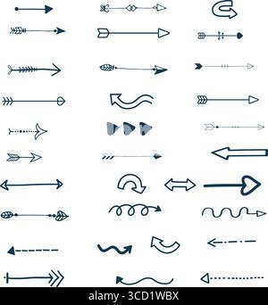 Questa illustrazione dinamica presenta una collezione diversificata di disegni di frecce, che mostrano vari stili, forme e direzioni. Illustrazione Vettoriale