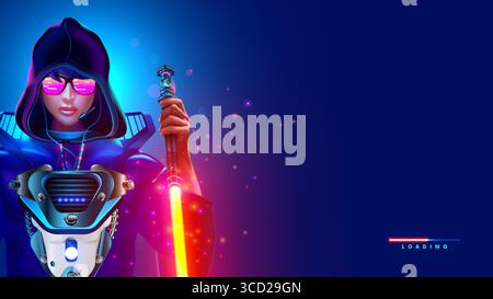 Screenshot di un gioco per computer inesistente. Schermo di caricamento dei videogiochi per computer con ritratto del personaggio di un cavaliere futuristico in armatura e cappuccio con una Illustrazione Vettoriale