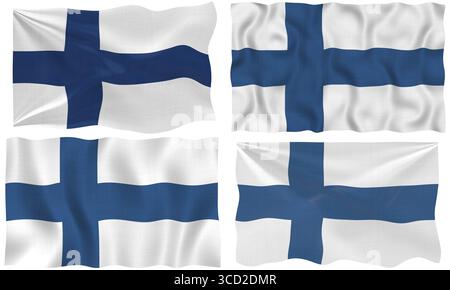 Grande immagine sul bianco delle quattro bandiere di Finlandia Foto Stock