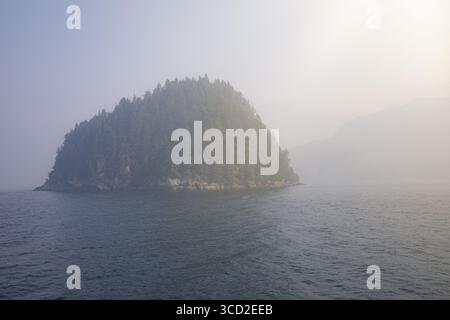La vista di un'isola densamente boscosa si erge maestosamente dalle acque ancora e scure della Resurrection Bay sotto un cielo nebbioso, la sua silhouette ammorbidita dal Foto Stock