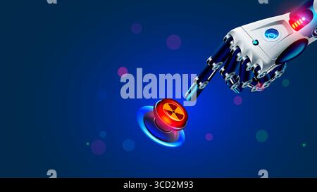 La mano del robot preme il pulsante nucleare rosso. Un cyborg o un robot preme il pulsante per lanciare missili nucleari con il dito indice. L'INTELLIGENZA ARTIFICIALE si sta ribellando Illustrazione Vettoriale