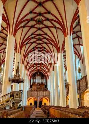 Soffitto e interno della chiesa di San Tommaso a Lipsia, un'importante chiesa protestante-luterana. Luogo di lavoro e sepoltura di Johann Sebastian Bach. Foto Stock