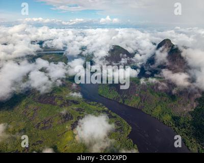 Vista aerea del fiume scuro che serpeggia attraverso il vivace paesaggio verde, incorniciato dalle torreggianti vette Cerros Mavicure e dalle morbide ed eteree nuvole, Puerto Inírida, Cerros Mavicure, Colombia. Foto Stock