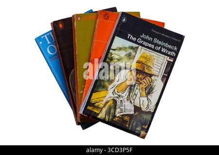 Selezione di libri d'annata ben usati con il libro Grapes of Wrath di John Steinbeck in cima isolato su sfondo bianco Foto Stock