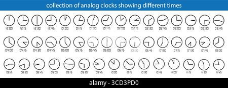 Arte della collezione di orologi analogici che mostrano tempi diversi Illustrazione Vettoriale