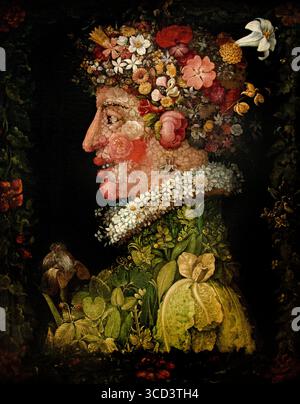 Allegoria della primavera 1573 di Giuseppe Arcimboldo - Arcimboldi 1527 - 1593), è stato un pittore rinascimentale italiano, noto soprattutto per la creazione, fantasiosa, di teste di ritratti realizzate interamente con oggetti quali frutta, verdura, fiori, pesce , libri, Museo Italiano d'Italia Louvre Francia. Foto Stock
