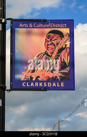 Immagine di Christone 'Kingfish' Ingram' su un lampione nel distretto artistico e culturale di Clarksdale, Mississippi, Stati Uniti Foto Stock