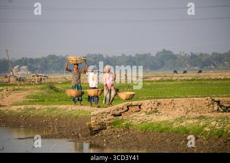 18 dicembre 2022 - il vasaio del popolo del Bangladesh porta i suoi vasi di ceramica di terra per la vendita nel mercato locale attraverso una strada del villaggio oggi. Foto Stock