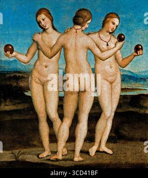 Le tre Grazie 1504 e 1505 di Raffaello 1483-1520 Raffaello Sanzio da Urbino Museo italiano d'Italia Chantilly (Raffaello Sanzio da Urbino, noto come Raffaello, è stato un pittore e architetto italiano dell'alto Rinascimento.) Le tre Grazie, note anche come le Cariti, sono dee della mitologia greca associate alla bellezza, al fascino e alla gioia. Sono tipicamente raffigurate come donne giovani e belle, spesso mostrate ballare o in prossimità di Afrodite, la dea dell'amore. Foto Stock