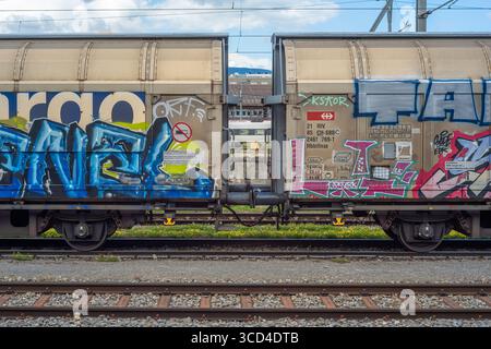 Yverdon les Bains, Svizzera - 24 luglio 2025: Due vagoni merci con una vivace grafica graffiti, che mostrano vari stili e colori. Lo sfondo Foto Stock