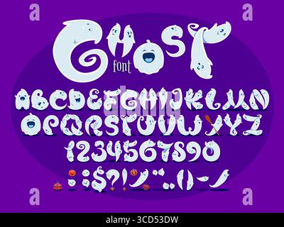 Font fantasmi di Halloween, spaventoso carattere mostro spaventoso, cartoni animati malvagi, divertente alfabeto inglese festivo. Lettere vettoriali, numeri e segni giocosi a forma di buffi spettri che catturano l'umore delle feste Illustrazione Vettoriale