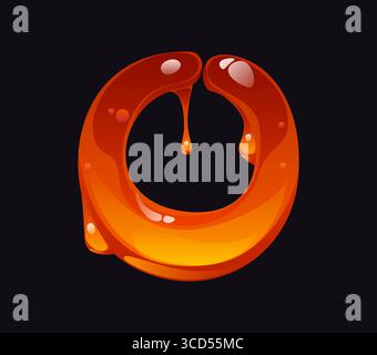 Caratteri cartoni animati di miele gustoso lettera O. caratteri caramelle gustose, simboli alfabetici inglesi vettore cartoni animati di miele liquido. Segno del carattere di flusso dolce color ambra o elemento giallo di tipo ABC caramello Illustrazione Vettoriale